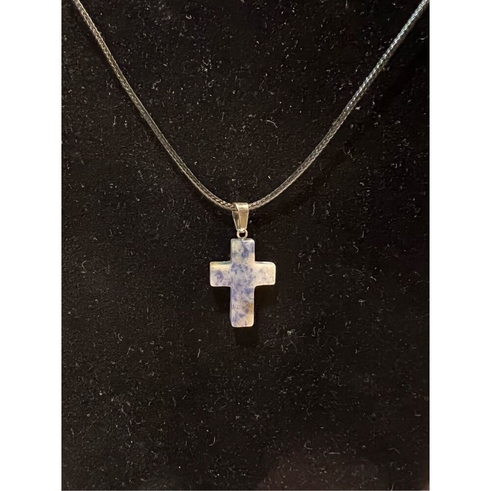 Marble Stone Cross on a Black Necklace Cord